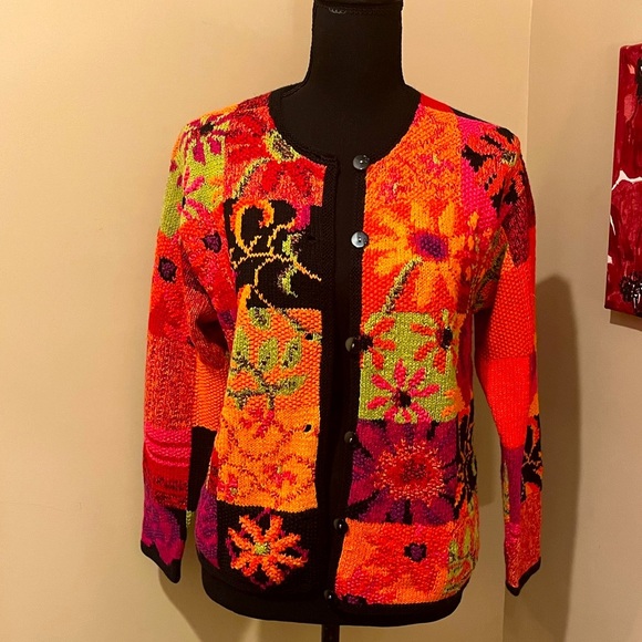 Vintage Hand Knit Susan Bristol Patchwork Cardigan, Pink,Orange & Green, Small - Picture 1 of 6